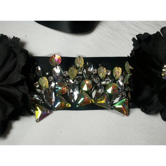 AB Rhinestone Floral Black Satin Belt Sash Prom Party Formal Bridal Goth Belt - Picture 5 of 5